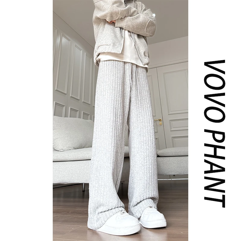 VOVO针织提花裤子男秋冬季重磅加绒加厚阔腿裤宽松潮流休闲长裤子