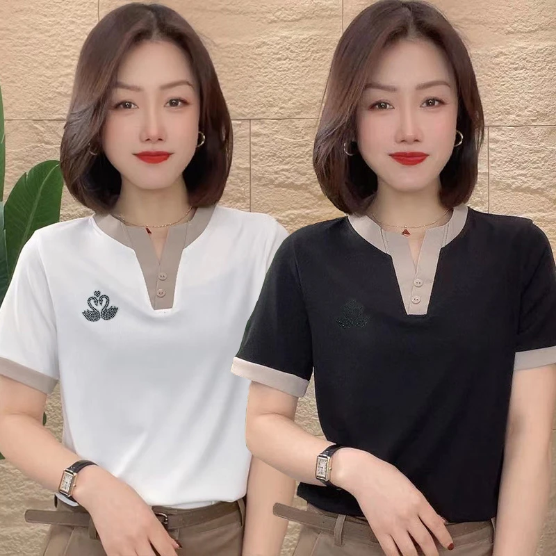 短袖女2025夏季新款天鹅镶钻正肩显瘦t恤翻领女装V领休闲上衣