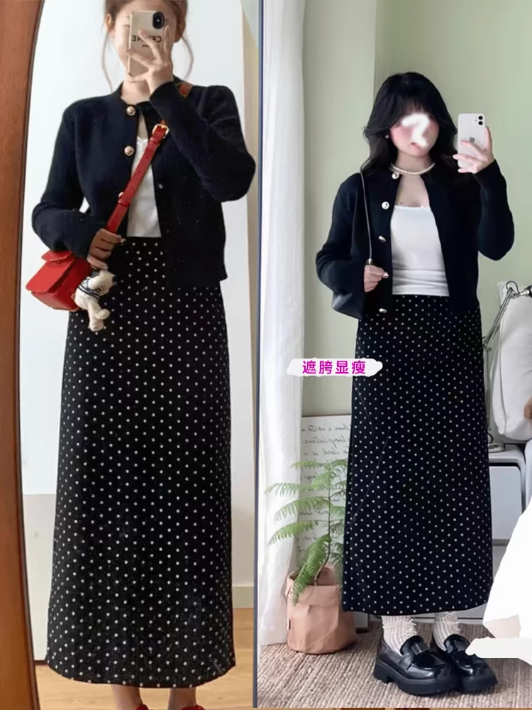 大码黑色波点半身裙白色打底长袖开衫秋季三件套99506#