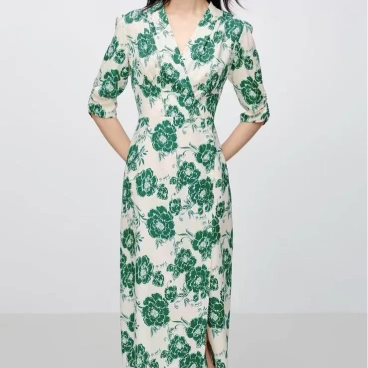 E+印花收腰v领围裹连衣裙0788