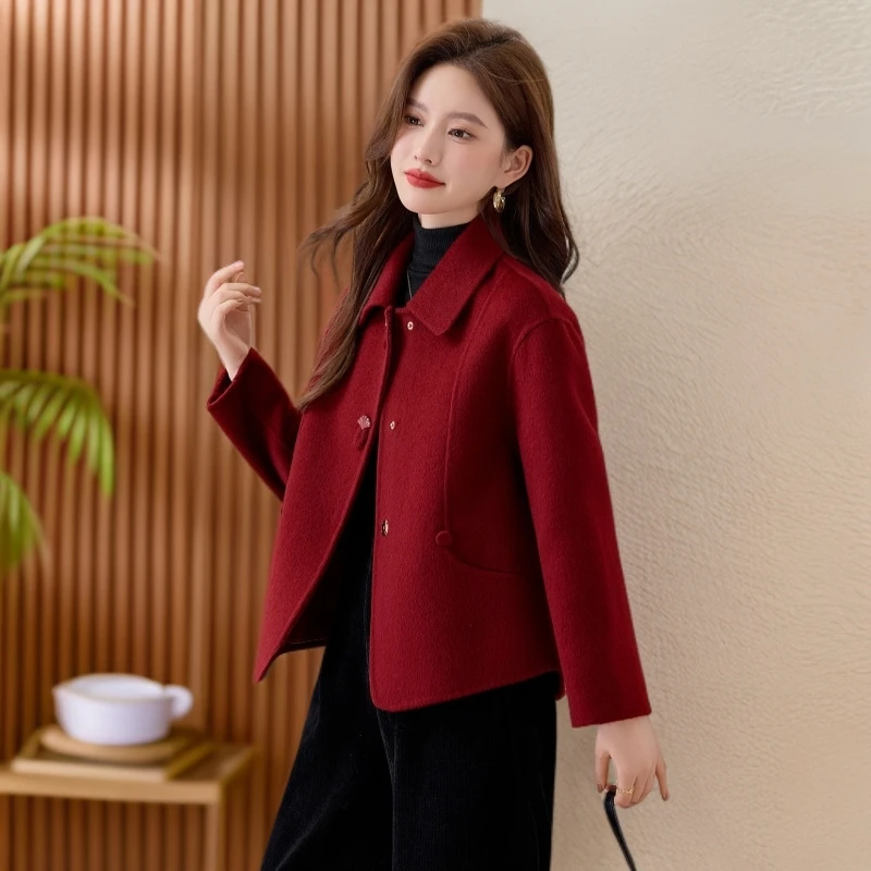 时尚双面羊毛绒大衣女装2025春秋冬新款单排扣小个子短款高级外套