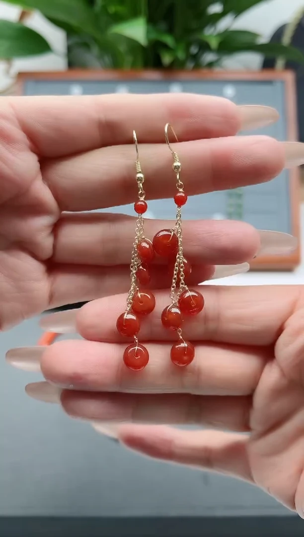 【闪购商品】南红玛瑙耳饰银S925镀金镶嵌1算盘珠红