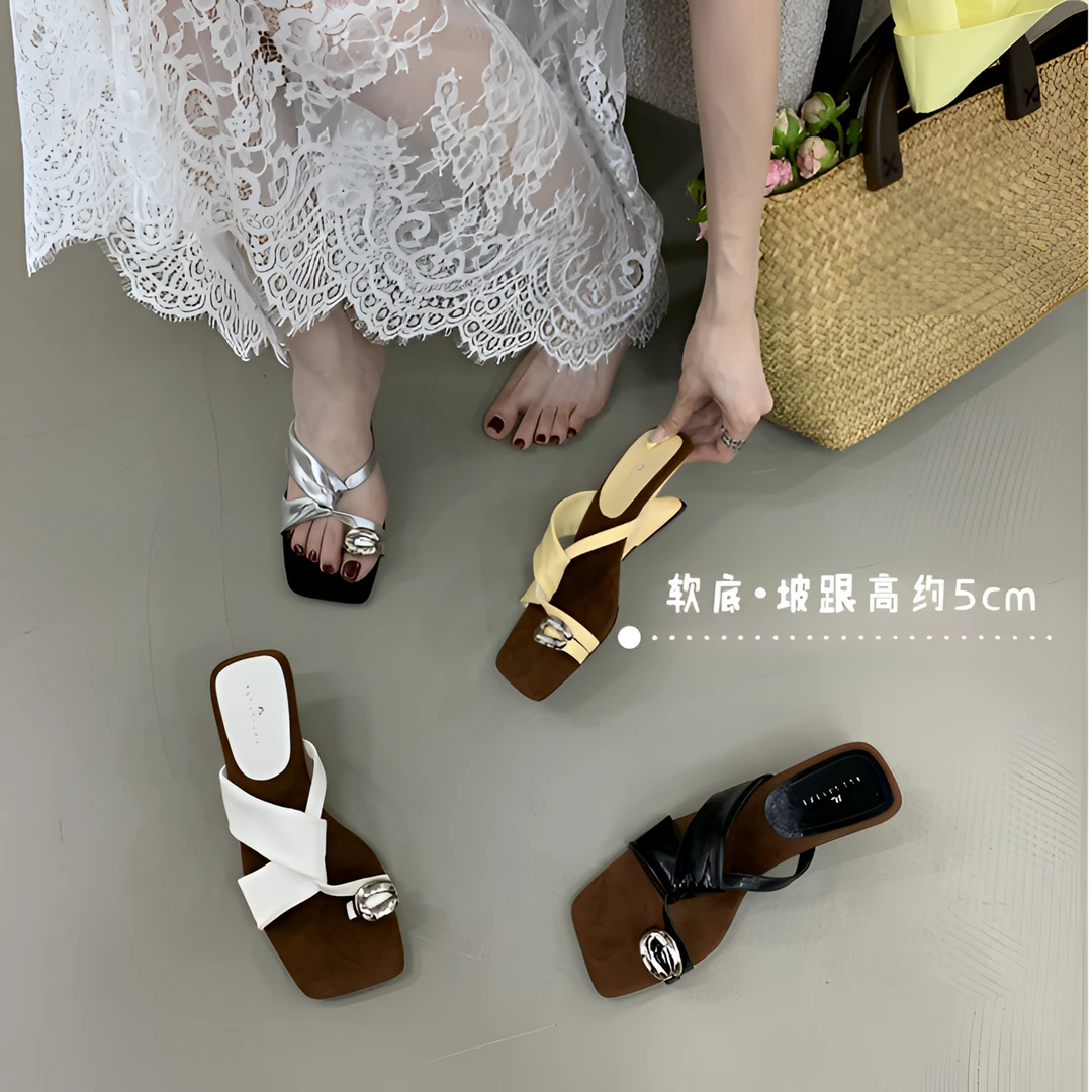 梦梦家 89-89 法式小众设计感坡跟凉拖鞋2025年夏季新款方头露趾