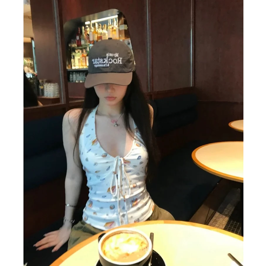 白色印花挂脖吊带背心女夏外穿法式修身纯欲性感辣妹无袖绑带上衣