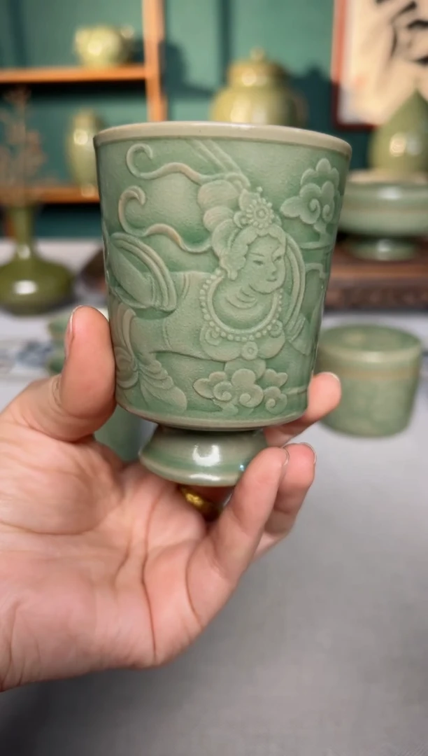 【闪购商品】其他耀州窑王彩虹剔花浮雕飞天仙女主人杯