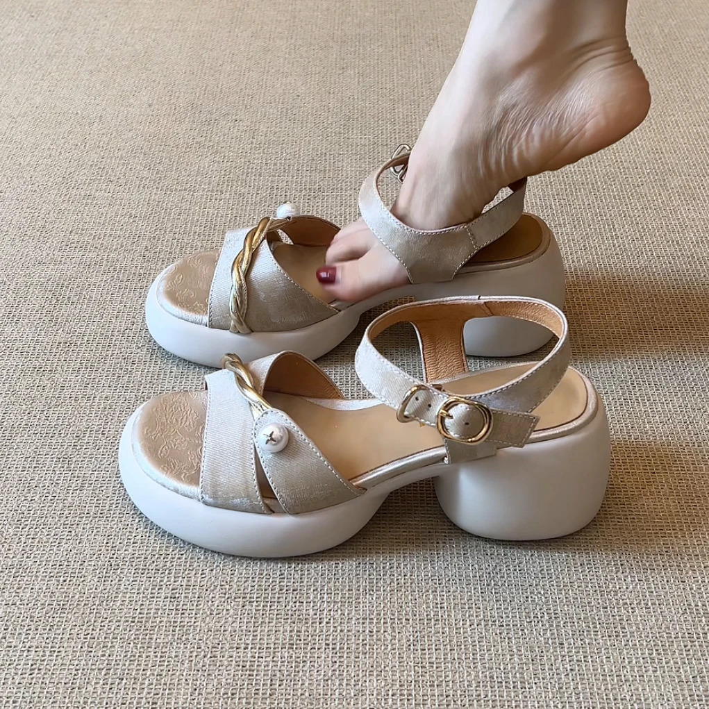 RubyL/6.5cm夏季时尚复古风休闲舒适百搭粗跟搭扣式拼色露趾凉鞋