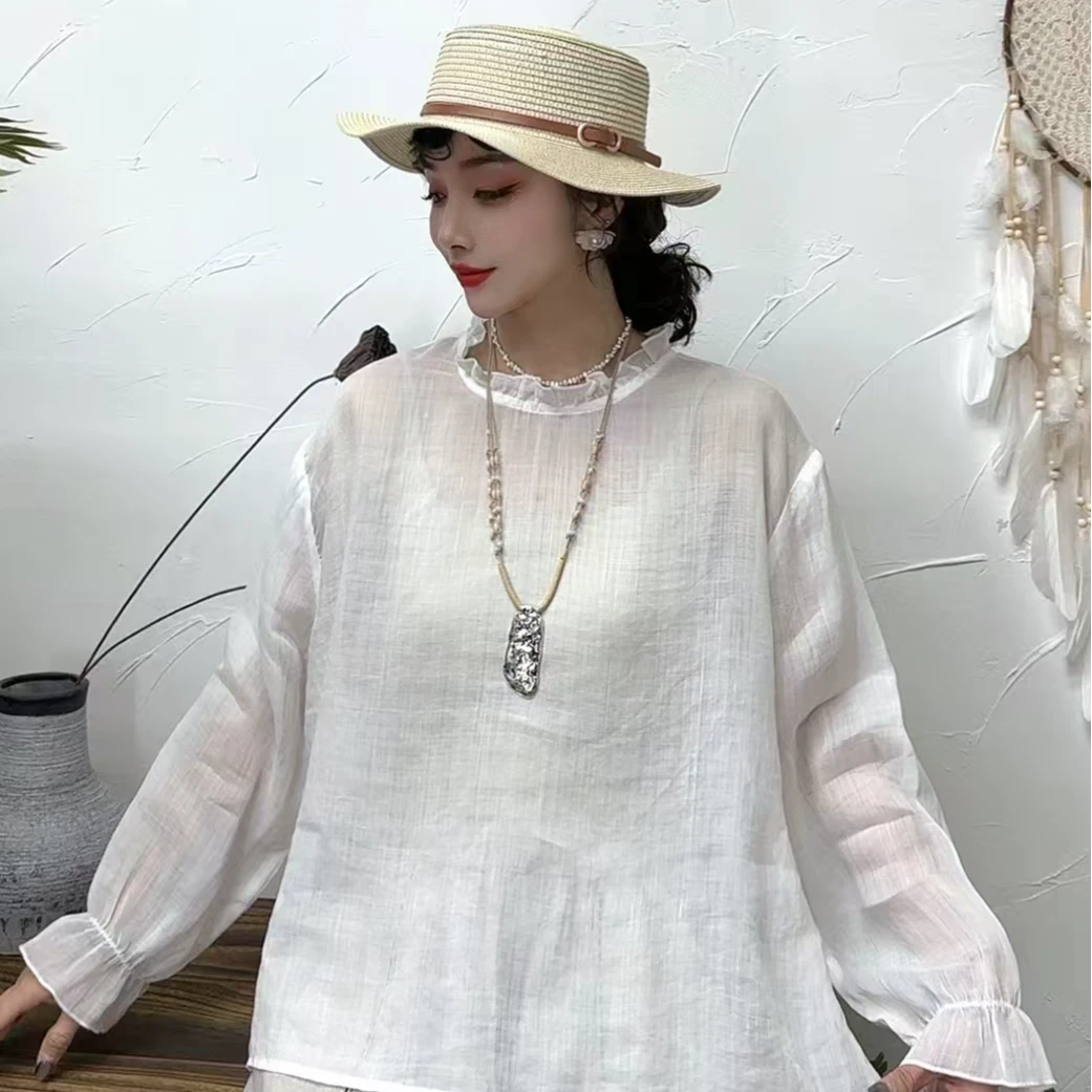2025新款纯苎麻透气常规长袖木耳领衬衫国风百搭时尚女装文艺宽松