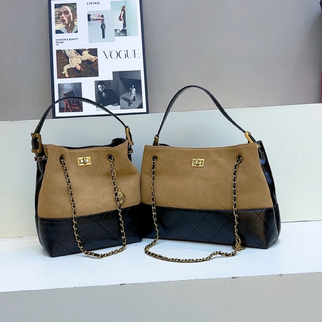 〖可儿〗小众时尚女士黑金百搭单肩斜挎包 菱格拼皮拼色包