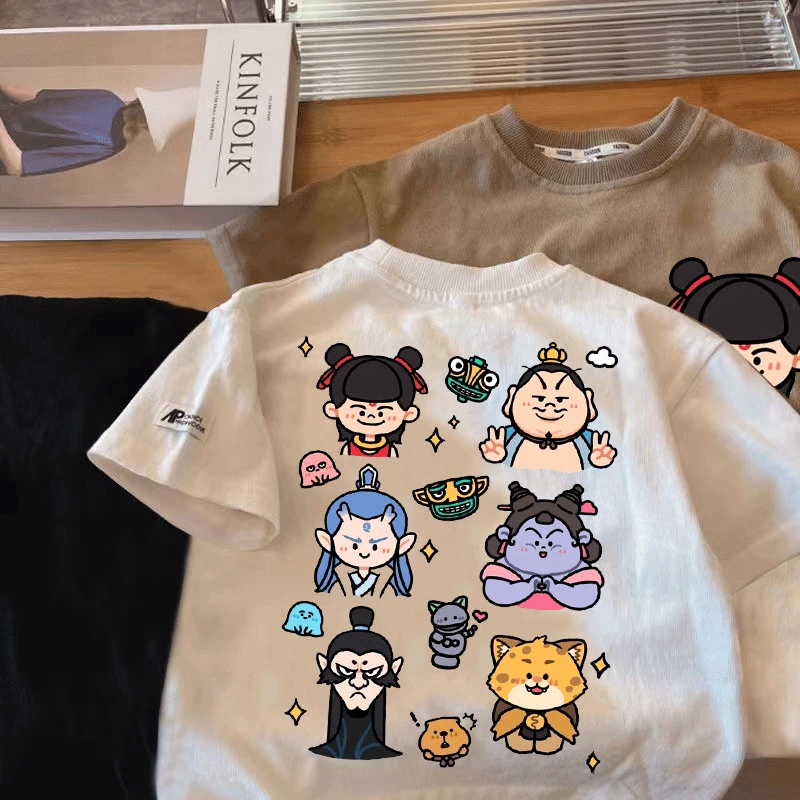 童装100%纯棉国潮卡通哪吒印花上衣T恤夏季新款小童可爱百搭半袖