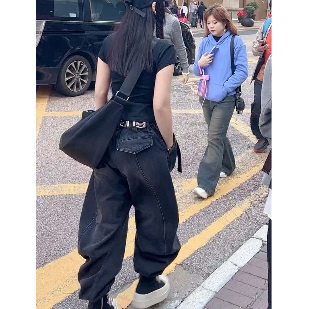 高级黑灰弯刀单兜牛仔裤