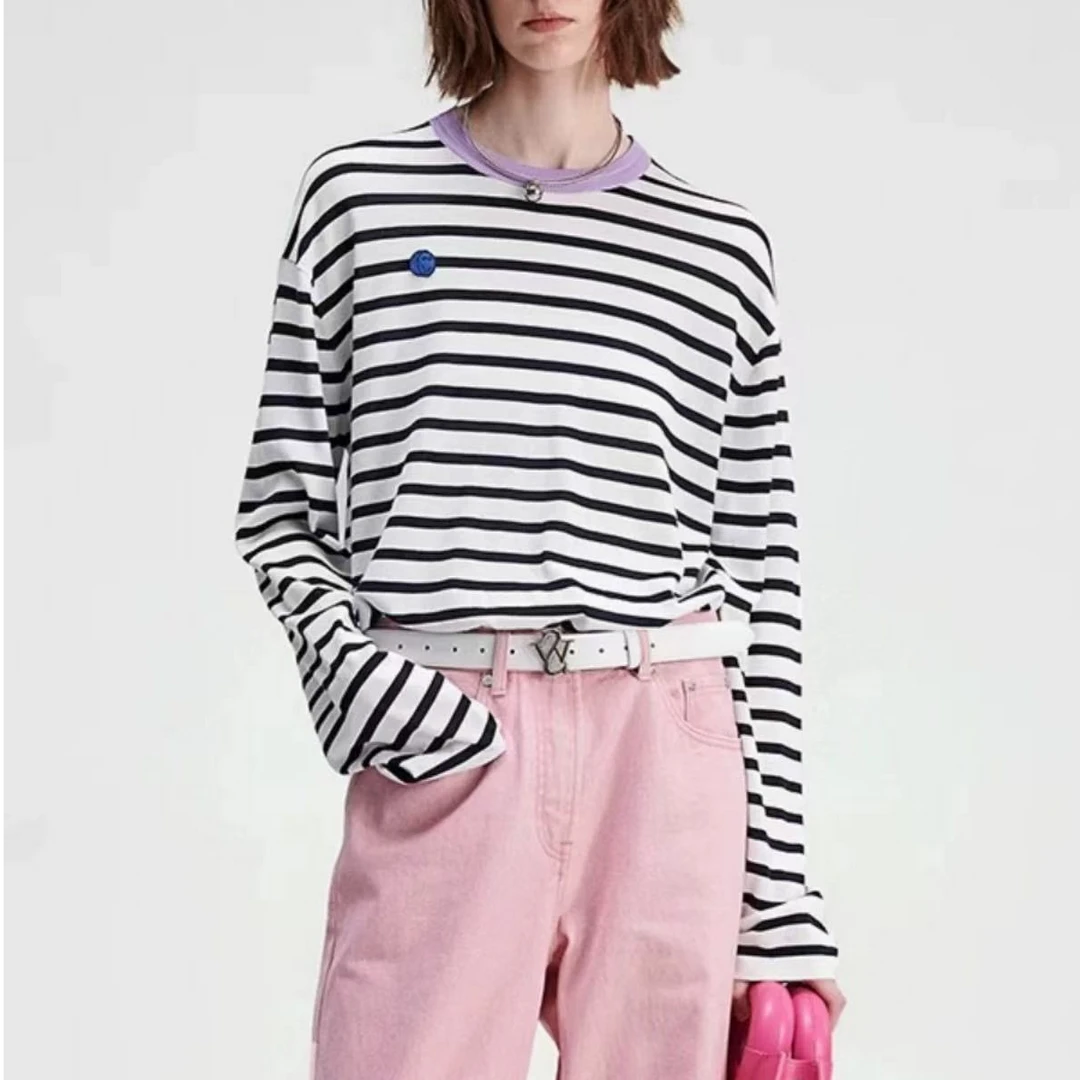 【露丝同款&撞色条纹打底】撞色圆领条纹长袖打底衫