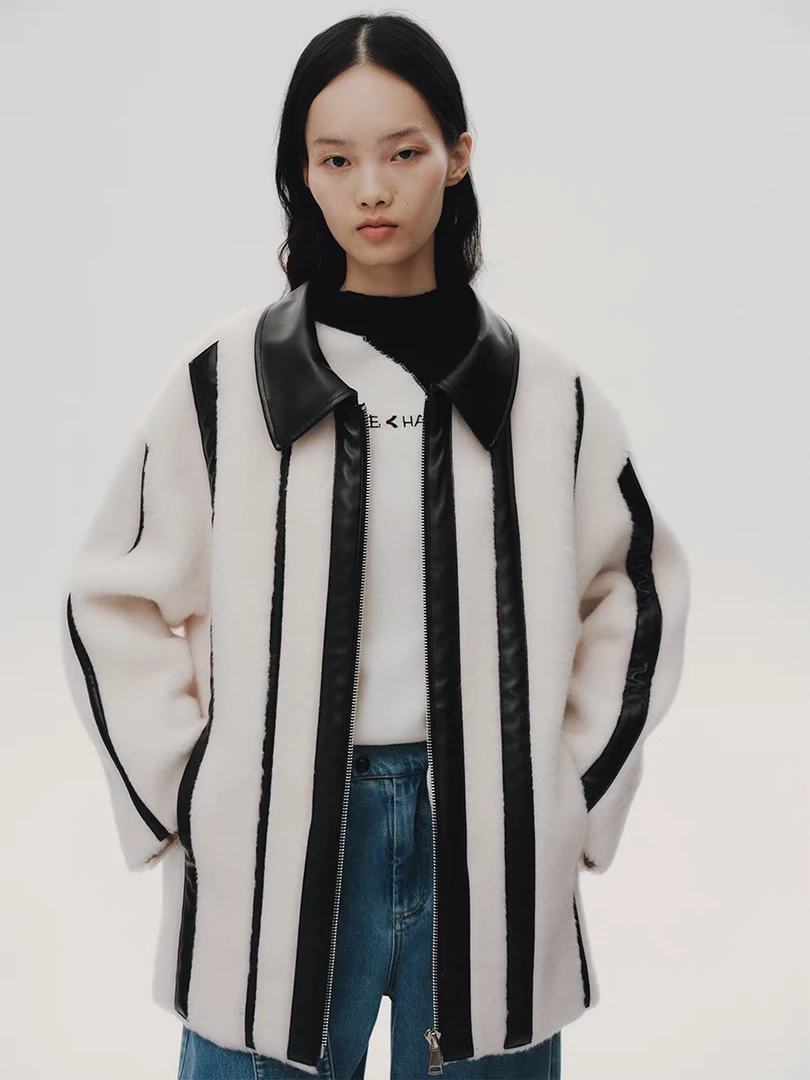 夹生 HALF MADE 羊毛条纹拼接大衣