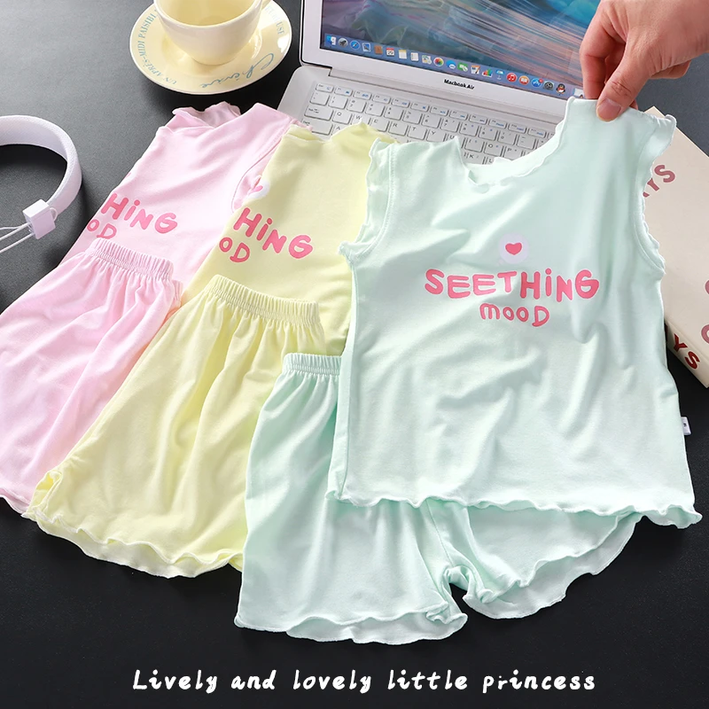 A类莫代尔女童睡衣套装家居服女宝夏季薄款空调服宝宝睡衣两件套