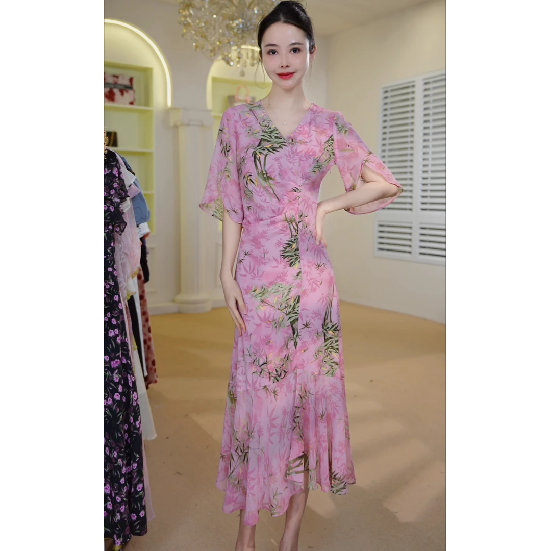 中式国风改良旗袍连衣裙优雅女神范年轻印花裙J5270