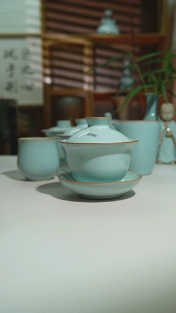 珑匠天青玉兰盖碗二级0700