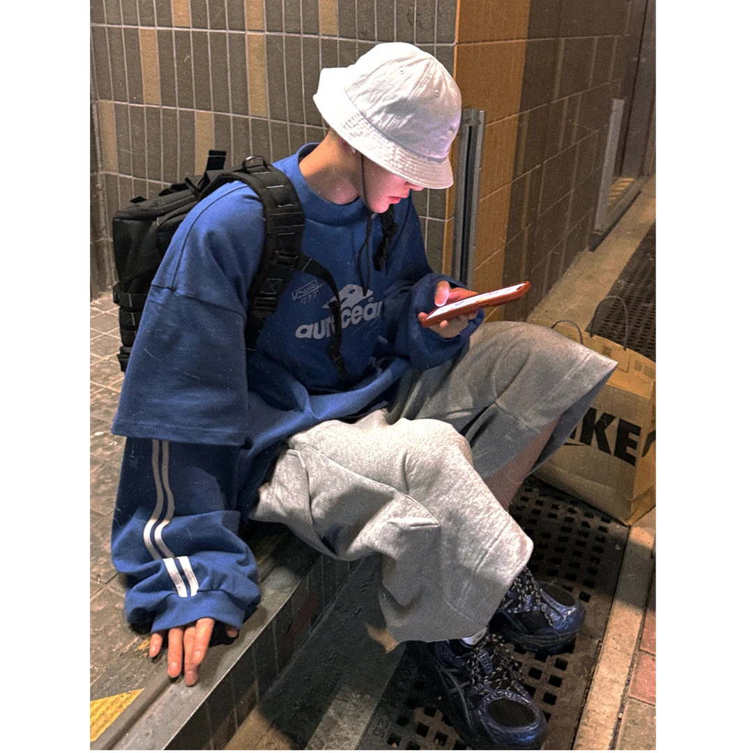 Aurocean 奶蓝色假两件运动长袖T恤手绘涂鸦印花320克纯棉大版t