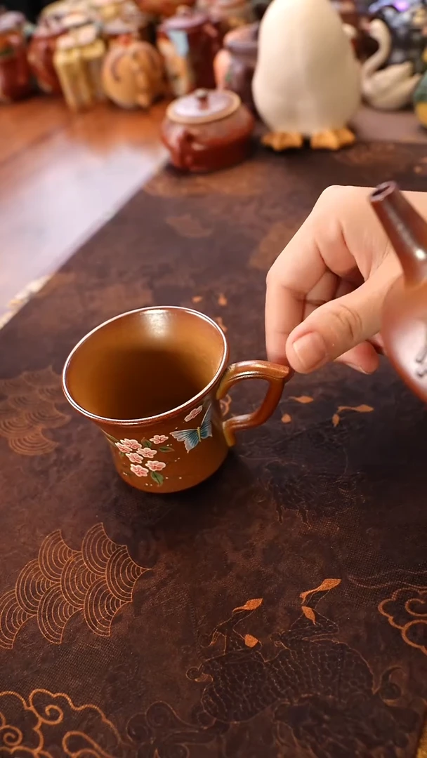 茶壶紫砂柴烧蝶恋花把手杯