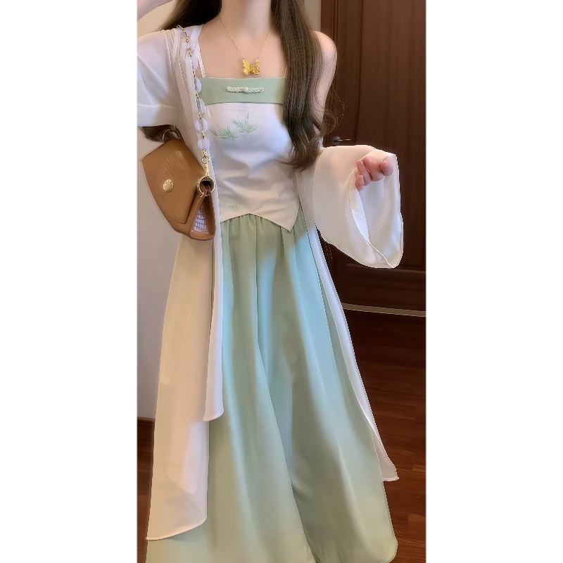 新中式国风印花小吊带&半身裙&防晒空调开衫清冷感禅意套装裙9170