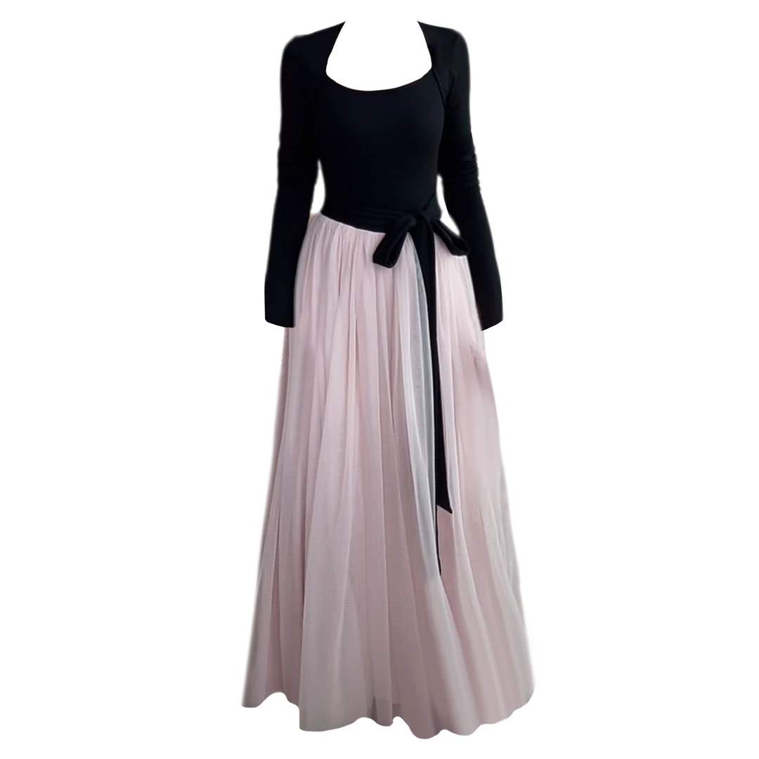 大码胖MM法式芭蕾风撞色拼接长袖连衣裙女2025新款千金感收腰长裙