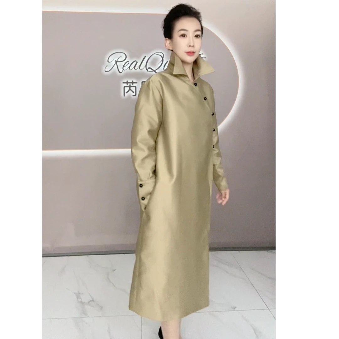 斜襟中式立领中国风显瘦大衣休闲气质长袖修身系带过膝风衣外套女