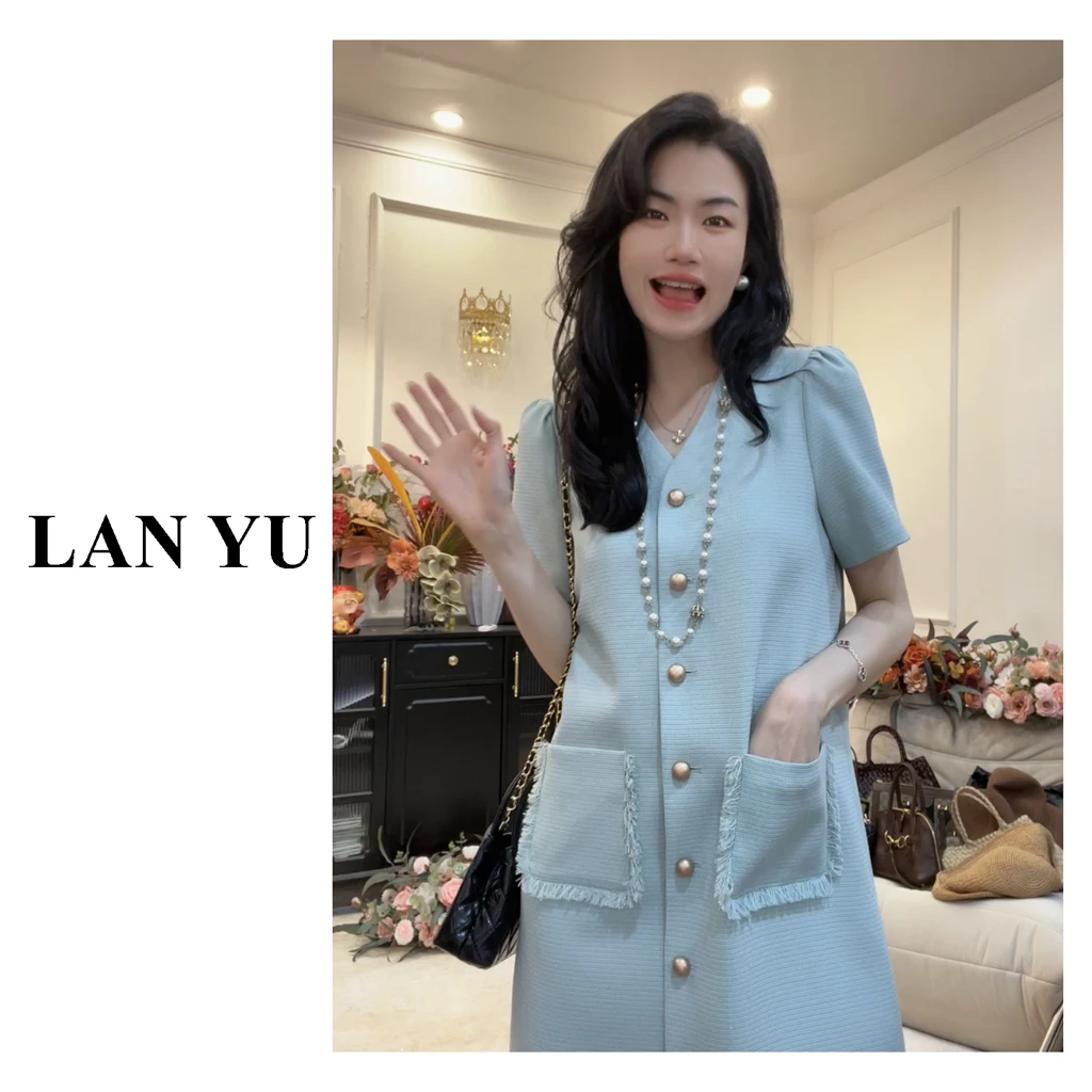 老板娘精选 雾蓝色小香风连衣裙女夏季新款气质显瘦短款连衣裙女Y