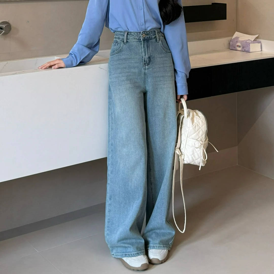 阔腿百搭牛仔裤女复古高腰小个子显瘦蓝色长裤垂感