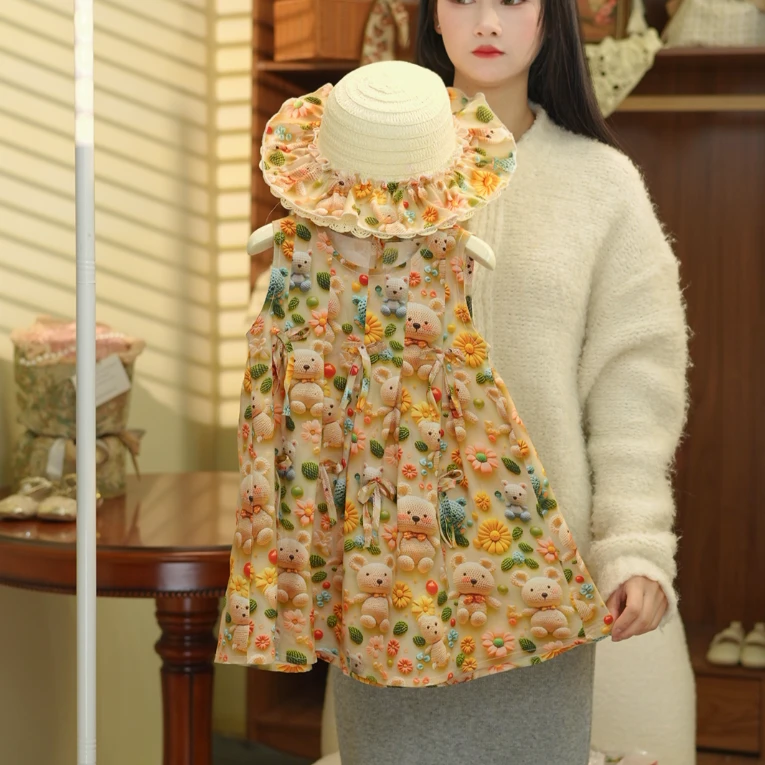 2025夏季新款女童卡通印花法式连衣裙中大童假日风吊带碎花公主裙