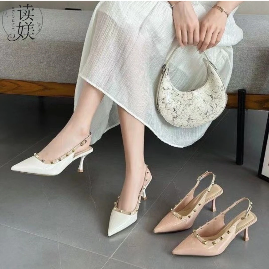 读媄5cm裸色高跟鞋夏季细跟新款尖头一字带后空包头凉鞋女95018
