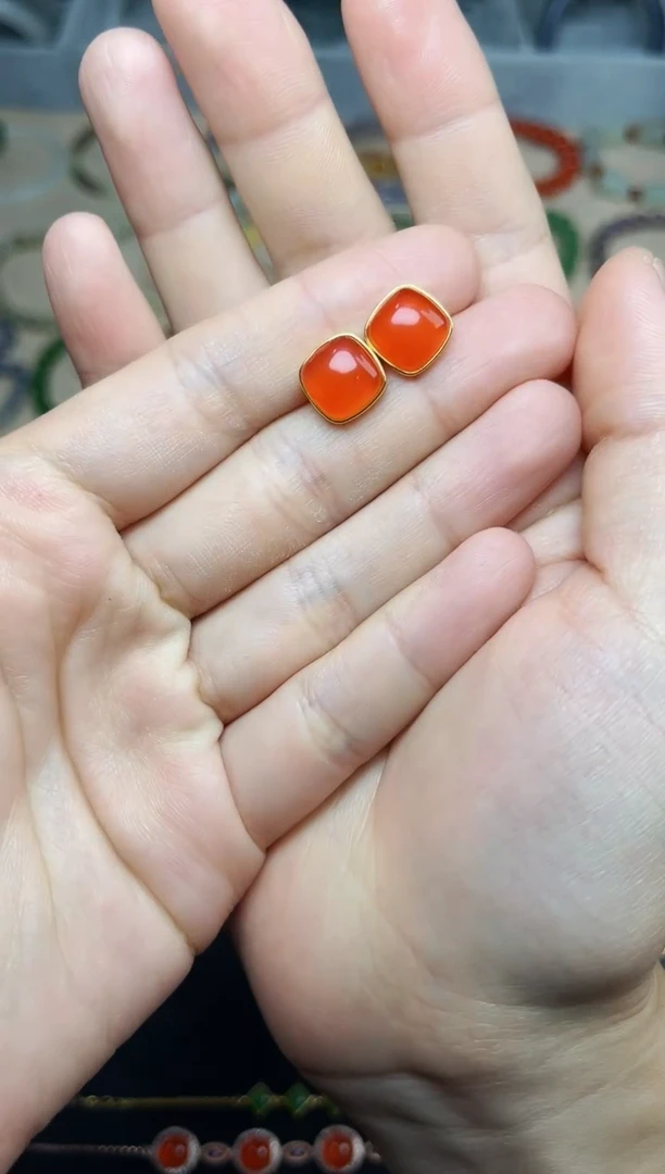 南红玛瑙耳饰银S925镶嵌方糖耳钉06