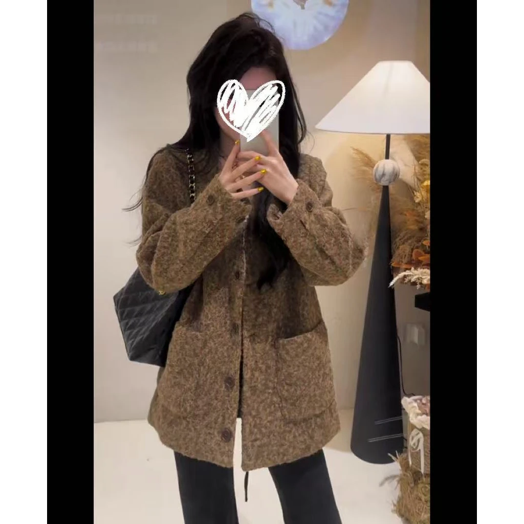 V领极简风透气气质长袖短款秋冬轻奢薄款毛呢外套