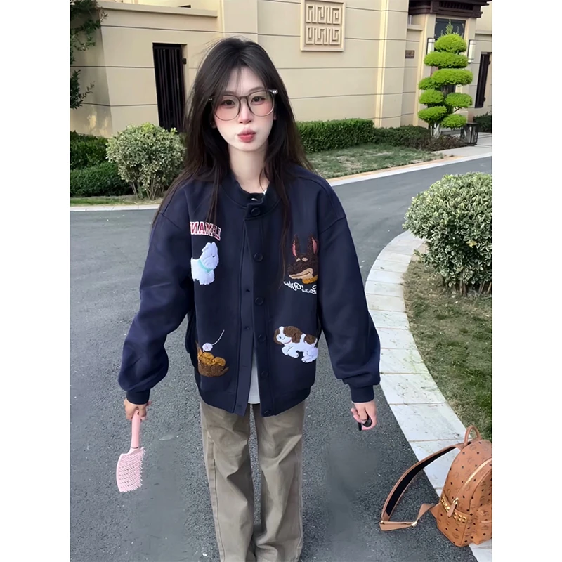 美式撞色趣味狗狗毛巾绣外套女春秋新款学院风情侣休闲开衫棒球服