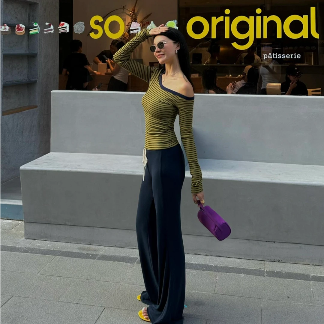 2025新款早秋季女装修身打底衫条纹t恤长袖短款内搭显瘦体恤上衣