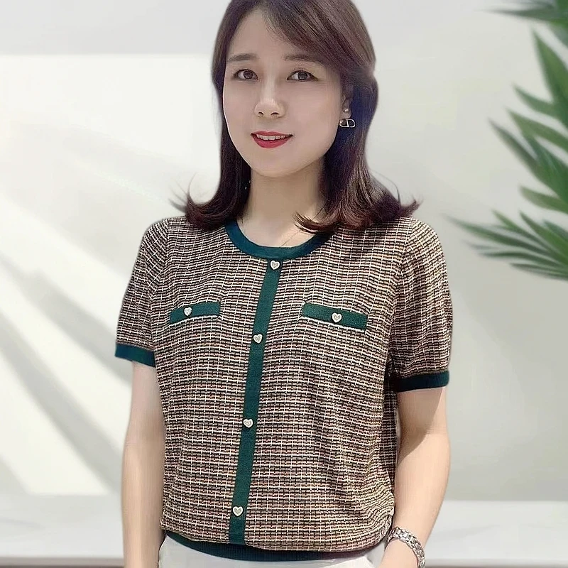 夏季洋气高档女装气质网红百搭纯色上衣时尚减龄显瘦格子衫打底衫