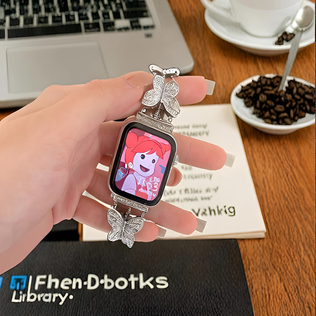 蝴蝶细钻苹果表带时尚金属奢华闪钻链夏适用于苹果iwatch1-10代