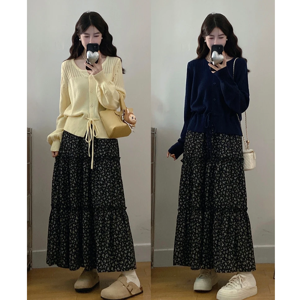 大码秋装新款胖mm女时尚温柔圆领针织上衣碎花半身裙套装