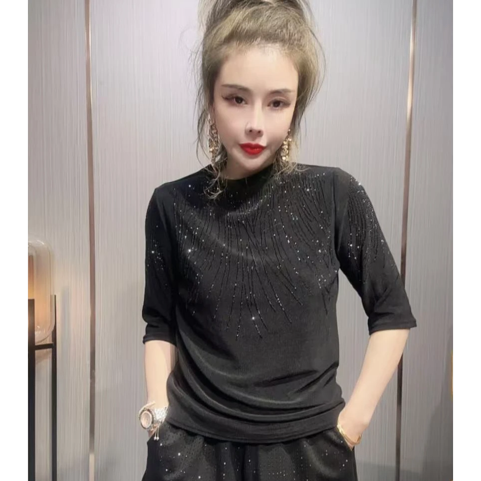 多色T-打底T恤重工短袖圆领黑色纯色常规款中袖宽松型网红显瘦666