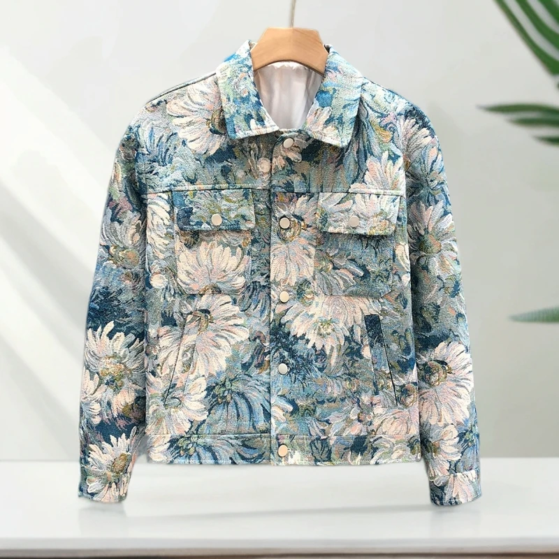 痞帅提花牛仔外套男款春秋季修身精神小伙花上衣2025新款男士夹克