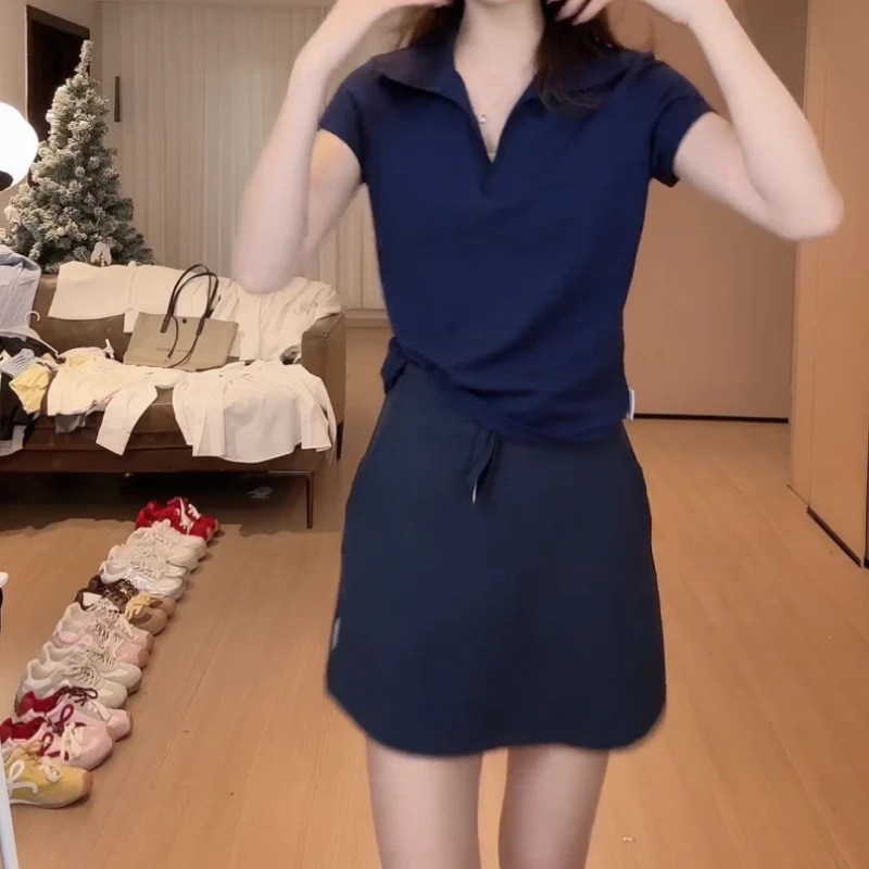 夏季休闲运动时尚百搭气质翻领T恤+百搭显瘦短裙LK2502561