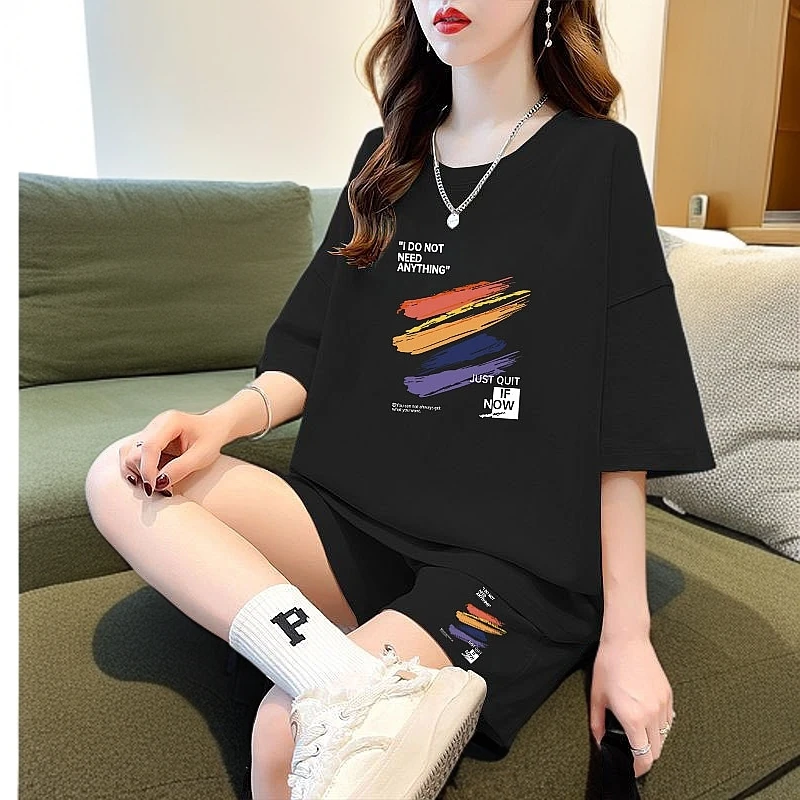 休闲运动套装女春夏季半袖印花短裤大码百搭学生ins显瘦跑步健身