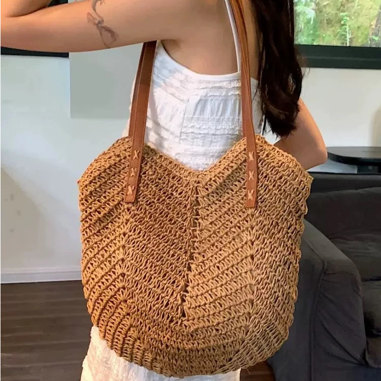 G07带拉链新款草编编织包海边度假包大容量单肩托特包