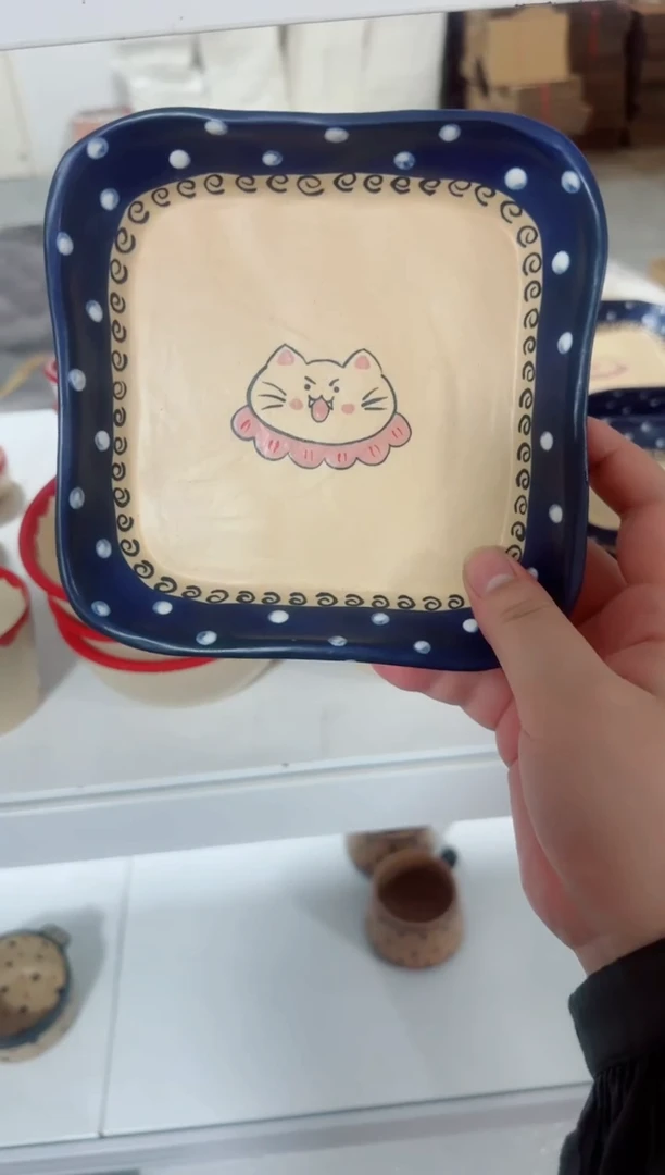 陶瓷蓝色猫咪方盘【十里高温釉下彩陶瓷】