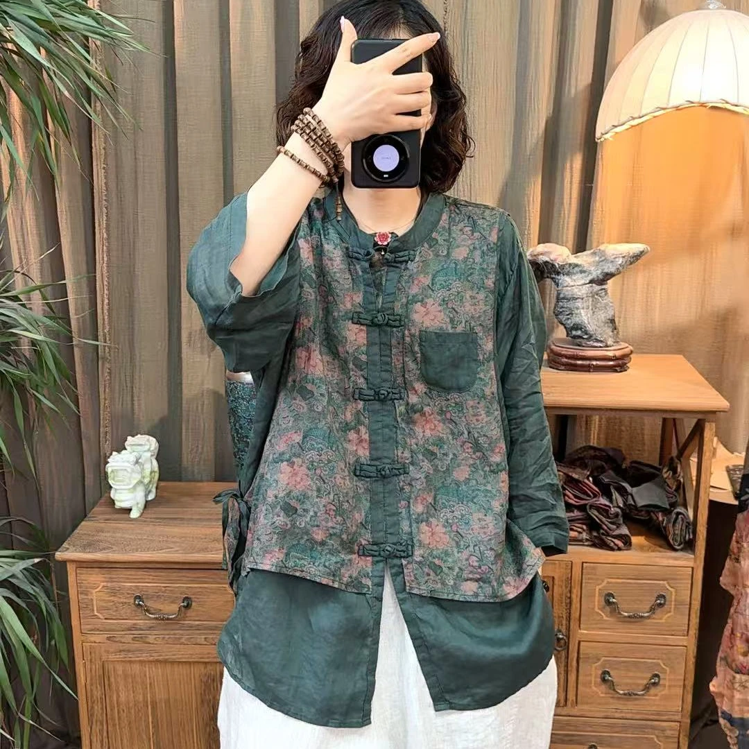 那年 2025新款苎麻假二件立领盘扣衬衫（衣长70）25119夏季中式外套