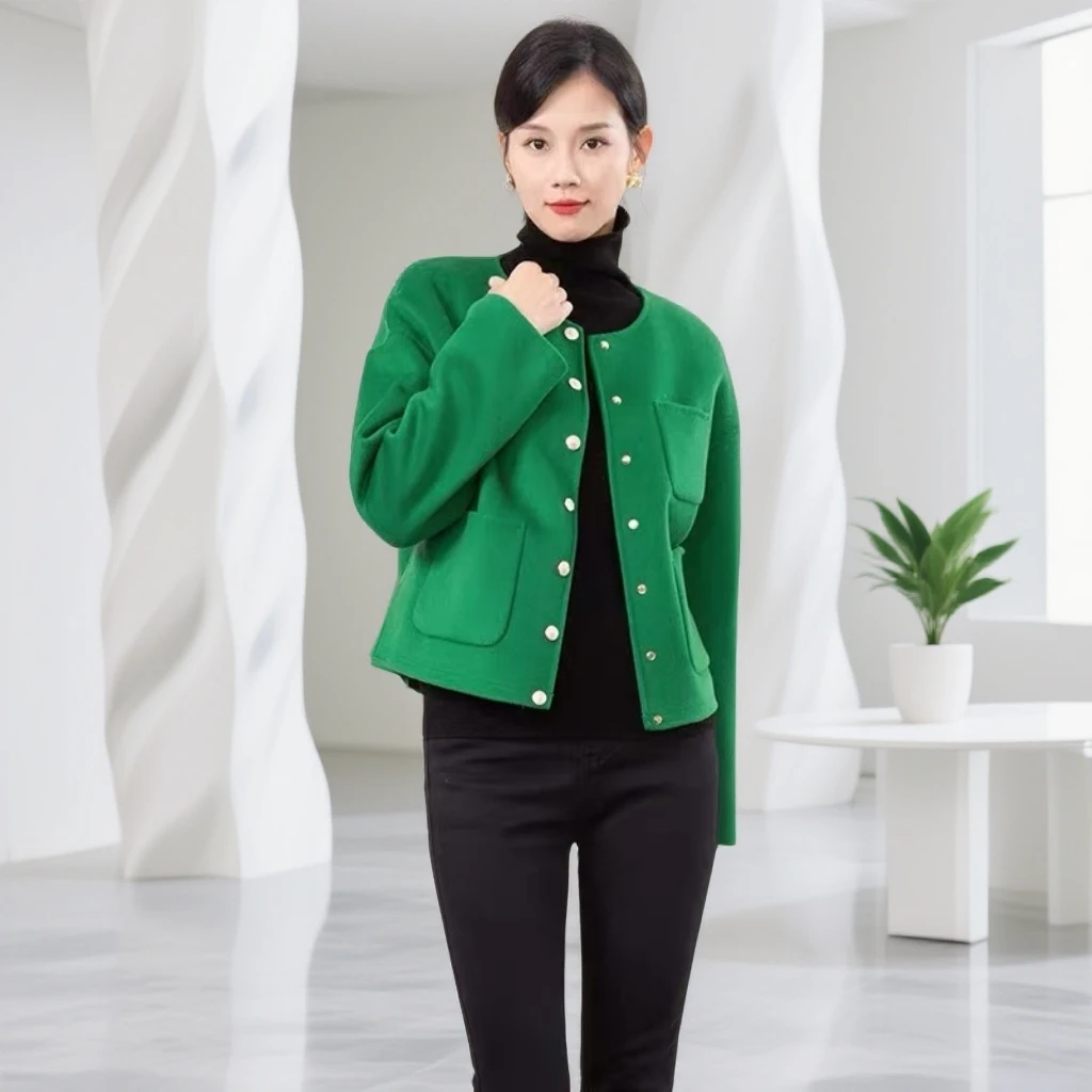 【W31绿米紫羊毛外套】时尚休闲时尚百搭洋气外套女