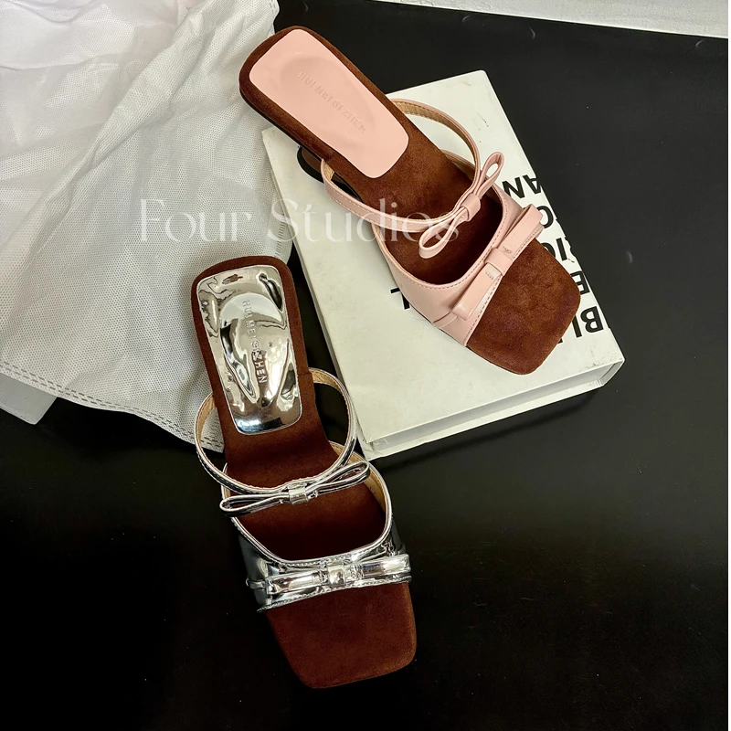 夏季韩版露趾方头凉拖2025新款皮带装饰坡跟增高蝴蝶带通勤女凉鞋