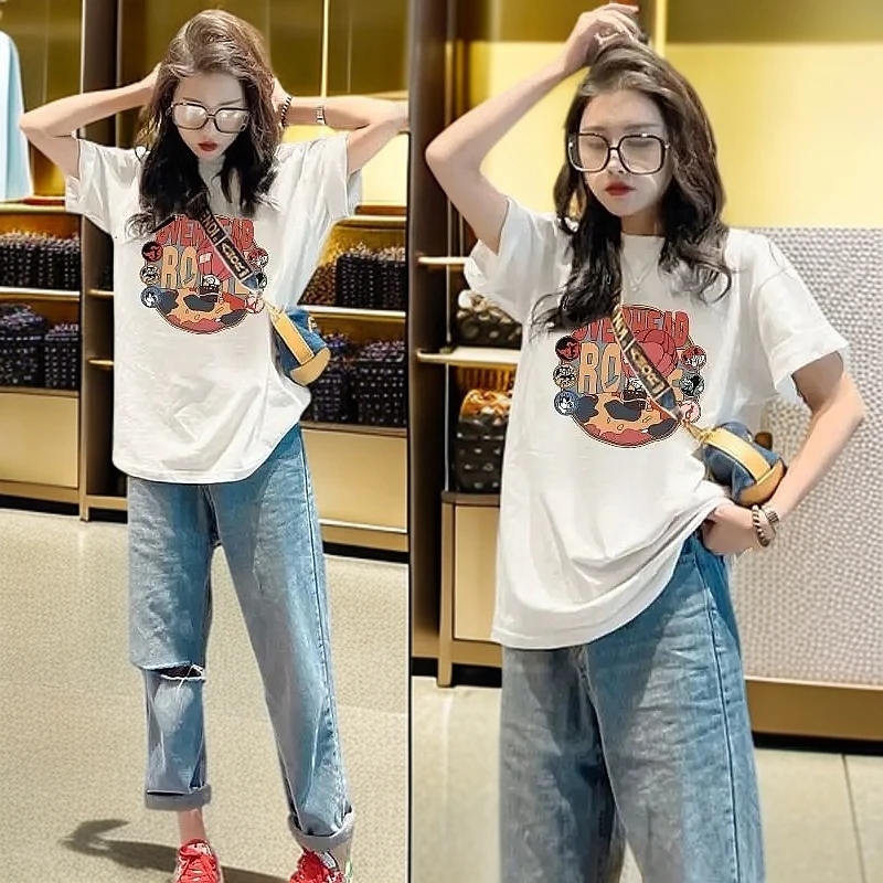 纯棉中长款女士爆款新款洋气T恤ins夏季显瘦t恤百搭设计感