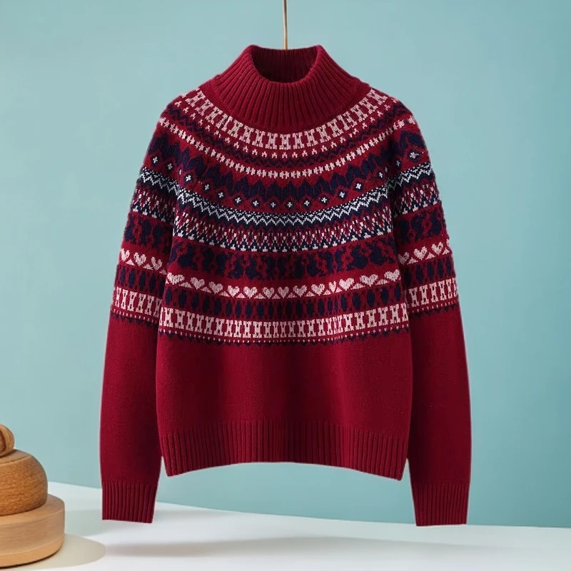 【段公子甄选】北欧复古加厚费尔岛毛衣提花红色插肩袖圆领针织衫