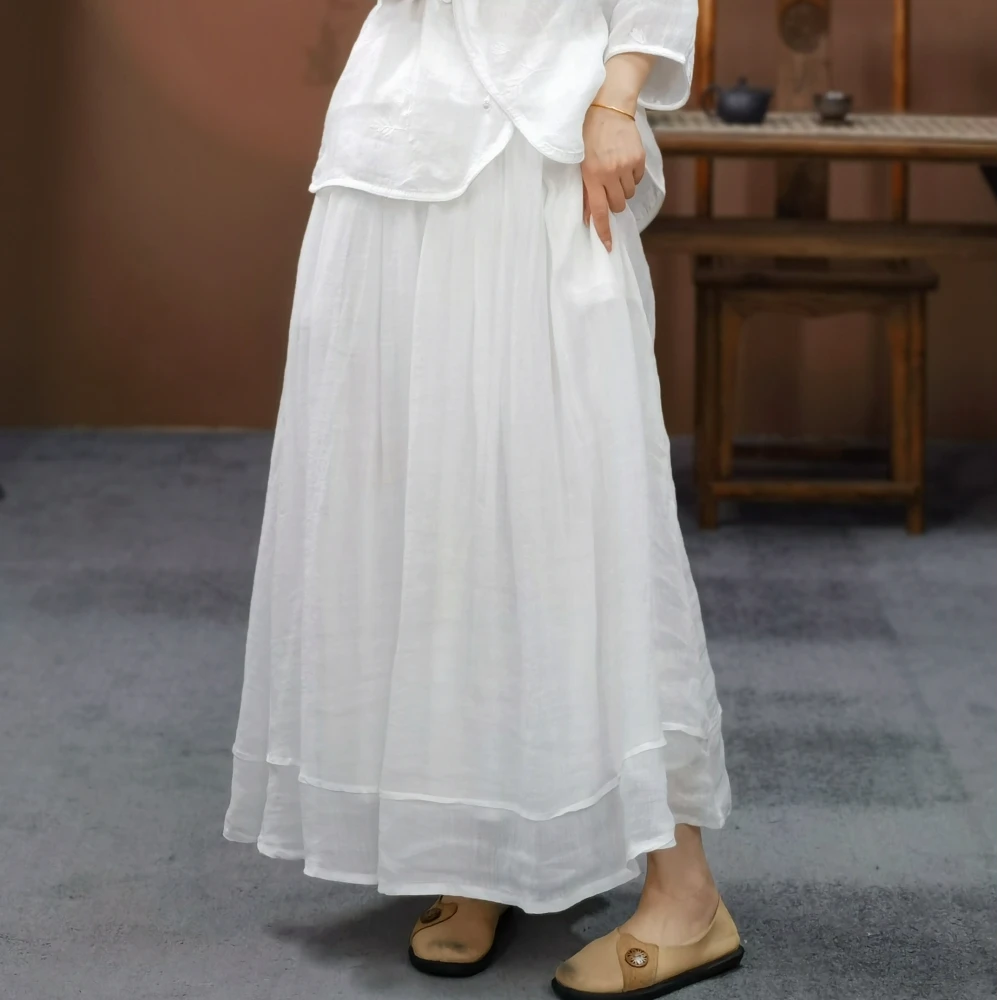 束心新中式女装新款苎麻双层纯色半身裙松紧腰宽松大版A字裙长裙