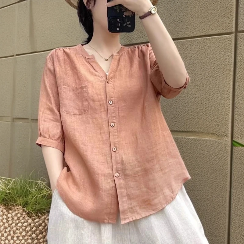 100苎麻夏天季短袖衬衫女复古文艺V领五分袖小衫宽松百搭薄款衬衣