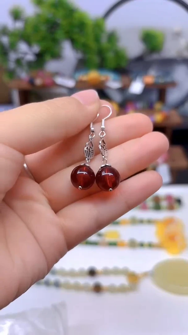 银S925镶嵌血珀耳饰DIY款E576