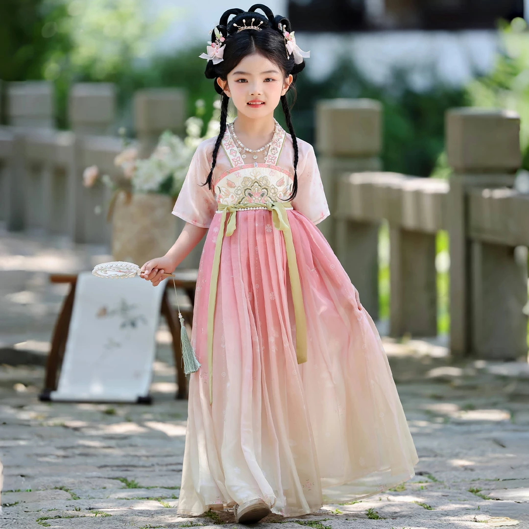 汉服女童夏季2025新款儿童古风仙气薄款襦裙小女孩古装古筝表演服